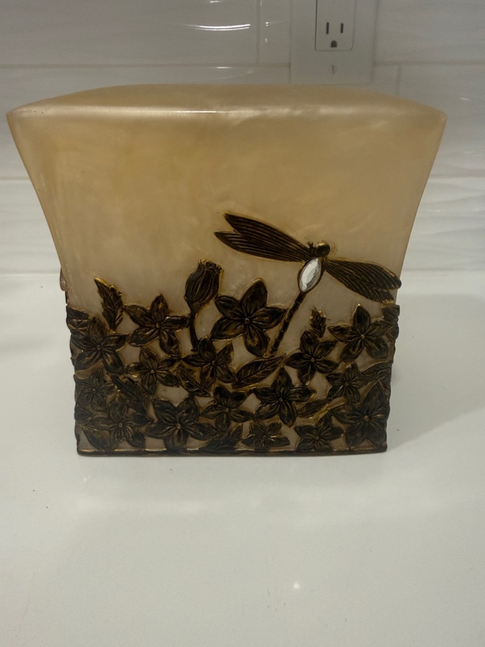Vintage Veratex Dragonfly Floral Jeweled Tissue Box Cover – Gold Bronze